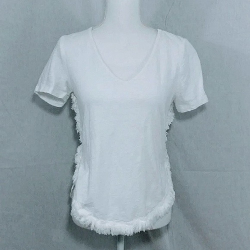 Stella & Dot Small Fringe Trim V-Neck Short Sleeve Top Casual Boho Chic